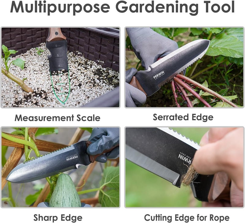 PERWIN Hori Hori Garden Knife, Garden Tools with Sheath for Weeding, Planting, Digging, 7" Stainless Steel Blade with Cutting Edge, Full-Tang Wood Handle with Hanging Hole - Image 2